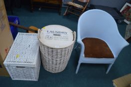 Two Laundry Baskets and a Wicker Bedroom Chair