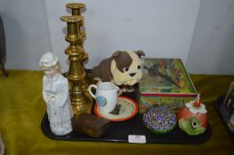 Brass Candlesticks, Churchill Dog, Victorian Potte