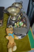 Tray Lot of Metalware, Trophies, Penknives, and a