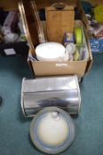 Box of Kitchenware: Bread Bin, Boards, Tray, etc.