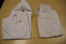 Shelf of White Work Coats and Trousers (mixed sizes)