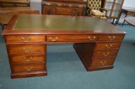 Mahogany Double Sided Desk with Green Leather Gilt Tooled Inset Top