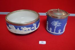 Wedgwood Blue & White Jasper Ware Biscuit Barrel plus Adams Blue & White Fruit Bowl