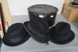 Three Black Trilby Hats Including One by Tress & Co. of London made for Woods of Hull etc.