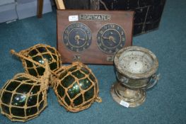 Vintage Ship's Gimble Compass plus Fishing Floats, and High Water Plaque