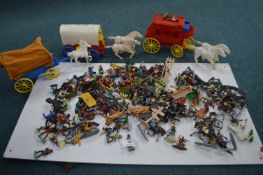 Plastic Toy Cowboys and Indians, Wagons, and Stagecoach
