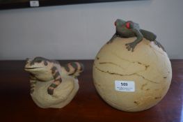 Studio Pottery Lidded Pot with Frog by E. Moore plus Frog on a Rock