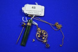 Unmarked Gold Victorian Pendant with Amethyst ~3.78g gross plus Jade Bar Brooch & 9k Gold Chain