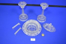 Queen Victoria 1887 Jubilee Glass Dish, plus Candlesticks, etc.