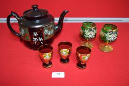 Victorian Teapot and Painted Glass Cups