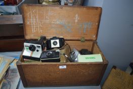 Wooden Box Containing Vintage Cameras