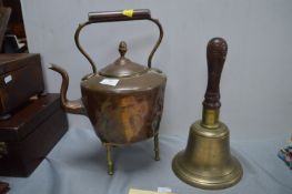 Victorian Copper Kettle and Stand plus Brass School Bell