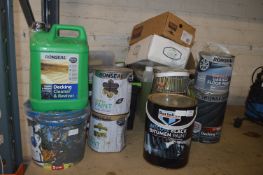 Assorted Part Tins of Garage Floor Paint, Decking Paint, Black Paint, Decking Reviver, etc.