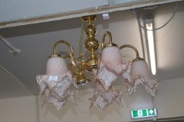 Brass Chandelier with Five Pink Glass Shades