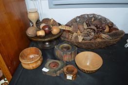 Turned Wooden Bowls, Fruit, Candle Holders, and a