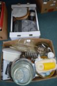 Two Boxes of Kitchenware, Baking Trays, Pyrex, etc