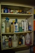 *Contents of Three Shelf Cupboard: Assorted Cleaning Products, Fluids, Lubricant, Hose Connectors,