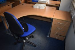 *Curved Desk, Three Drawer Pedestal, and an Office Chair etc.