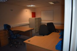 Contents of Office to Include Three Desks, Two Filing Cabinets, Three Chairs, Two Drawer Units,