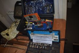 *Box of Assorted Tools, Part Socket Set, Crowbar, etc.