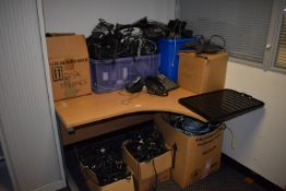 *Curved Desk and Quantity of Boxes Containing Cables, Assorted Telephones, etc.