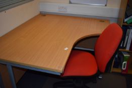 *Curved Desk, Red Office Chair, and a Shelf Unit 77x31cm x 122cm tall