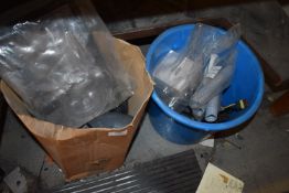 *Box and Bucket Containing Pump Parts, Pipe, Machine Lid, etc.