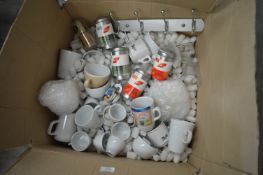 *Box of Assorted White Crockery, Glassware, Coats Hooks, Storage Tins, etc.