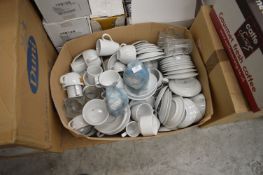 *Three Boxes of Assorted White Crockery Cups, Saucers, and Glassware