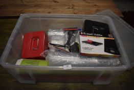 Box of Stationery to Include Cash Tins, Digital Scales, Flipchart Pads, Disposable Plastic Cups, etc
