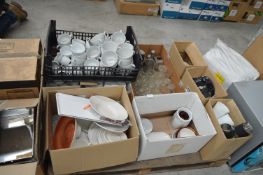 *Pallet of Nine Boxes of Assorted Crockery, Serving Platters, Glassware, etc.