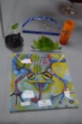 Six Glass Frog Ornaments, Paperweights, and a Plat