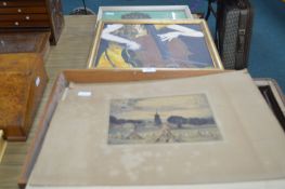 Four Vintage Prints and a 1928 Watercolour Windmil