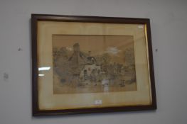 Framed Victorian Charcoal Sketch of a Country Scen