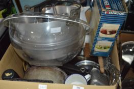 Large Box of Kitchenware, Pans, Mixing Bowls, etc.