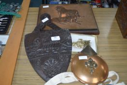 Carved Oak Plaque, Embossed Copper Lion Picture, C