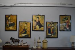 Set of Six Lacquer Work Chinese Panels