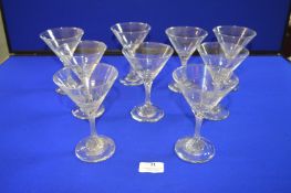 * Nine Vintage Twist Stem Babycham Glasses with Original Packaging