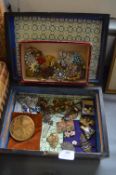 Victorian Workbox Containing Costume Jewellery, Brooches, and Collectibles