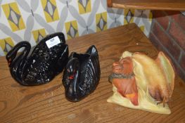 1950's Black Devon Pottery Swan Vases plus Bossan Chalk Sheik Dessert Hawk