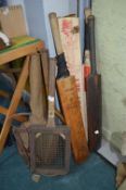 Vintage Sports Equipment Including Early Tennis Rackets, etc.