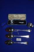 Three Hallmarked Sterling Silver Dessert Spoons, plus Sugar Tongs, Napkin Rings, etc. ~238g total