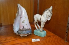 WWI Trench Art Seashell, and a Pottery Donkey