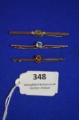 Three 9k Gold Bar Brooches with Gemstones ~6.63g gross