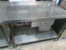 * S/S prep bench on castors with drawer and undershelf. 1250w x 700d x 940h