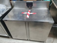 * S/S prep bench with cupboard and internal sliding shelf. 1040w x 600d x 1100h