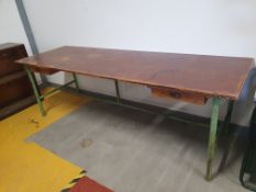* extra long vintage industrial desk/work table with green painted steel frame and 2 pine drawers.