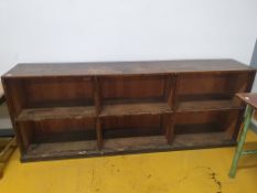 * superb solid oak shelf/storage unit with original brass name plates intact. 2320w x 420d x 900h