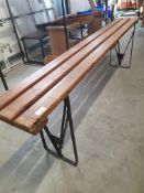* Vintage slatted bench with folding metal legs. 1800w x 260d x 520h