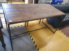 * metal frame display table with rustic wooden top. 1500w x 800d x 850h